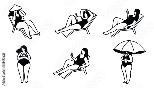 Line art showing women in swimsuits relaxing on beach chairs and standing