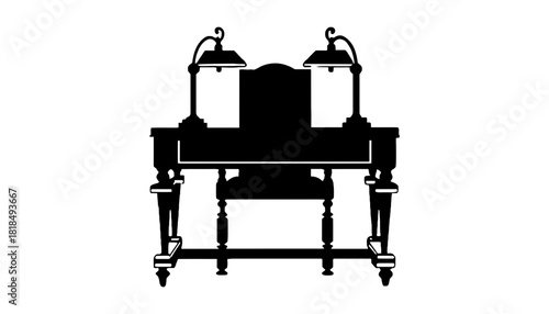 Silhouette of a desk with lamps and chair against a white background