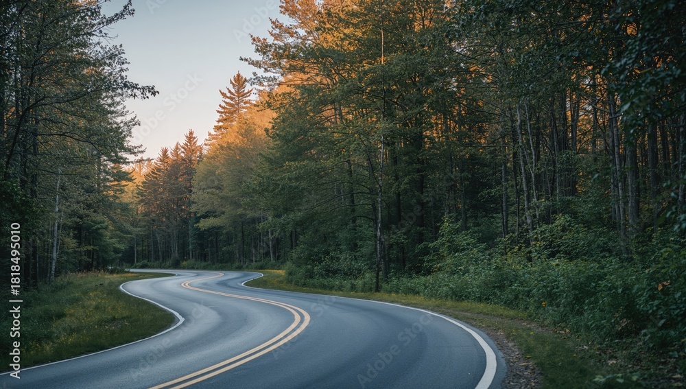 Fototapeta premium Forest scene at sunset with a winding road and curve marker, emphasizing seasonal change and erosion risk