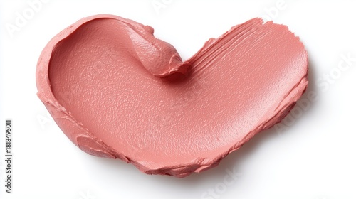 Pink lipstick shimmering texture in heart shape, texture stroke isolated on white background. Cosmetic product swatch