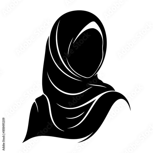 Silhouette of a woman wearing a hijab in black and white illustration