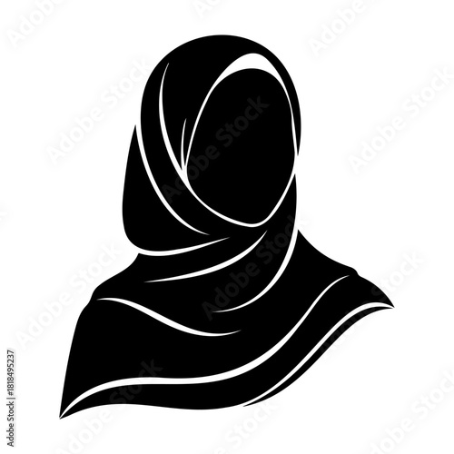 Black and white graphic of a woman wearing a traditional islamic hijab