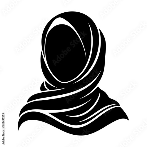 A black and white graphic of a woman wearing a traditional hijab veil