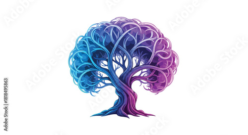 Vibrant conceptual artwork showcasing a tree with colorful, flowing branches symbolizing growth and interconnectedness with dual-toned foliage