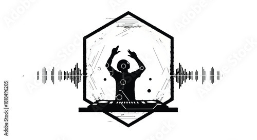 Energetic DJ mixing music with hands raised in vibrant sound waves illustration