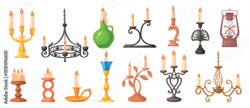 Cartoon candlesticks. Vintage candelabrum, golden brass candlestick chandelier antique lamp stand candle holder retro lantern candelabra victorian interior neat vector illustration