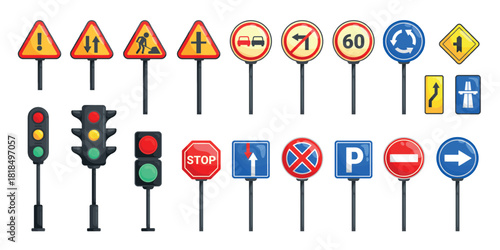 Cartoon traffic elements. Street road rule signs traffic light signals for kids safety rules, car caution and warning stop signal or city signpost set kicky vector illustration