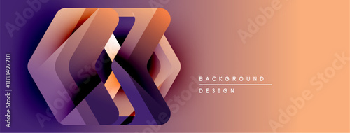Abstract geometric shapes blend purple, orange hues. Gradient background creates modern visual impact. Design suggests innovation, technology.