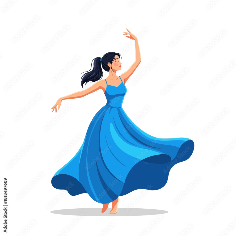 Naklejka premium A graceful woman in a flowing blue dress dances with elegance and poise isolated on her movements are fluid and expressive