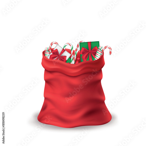 Realistic santa bag. Full christmas bag with gifts and candy cane sweets, red sack merry xmas present toys for children on winter holiday party celebration 3d vector illustration