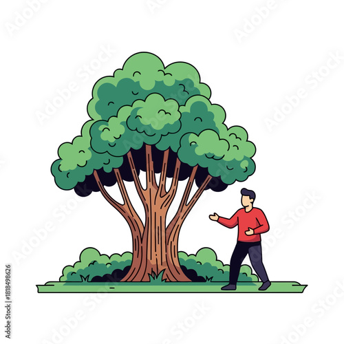 Man standing near a large tree isolated on person enjoying nature and the outdoors in a peaceful setting