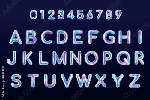 Holographic balloon alphabet. Iridescent letters hologram alphabet, 3d inflated text realistic metal liquid bubbles number y2k design typography isolated exact vector illustration