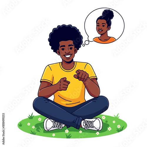 Young man sitting crosslegged on grass, dreaming of a girl isolated on happy guy thinking about his girlfriend