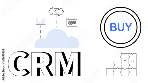 CRM concept. CRM cloud integration with data visualization, puzzle pieces, and business growth tools. CRM enhancing user engagement, analytics, and business organization. For marketing, sales tools