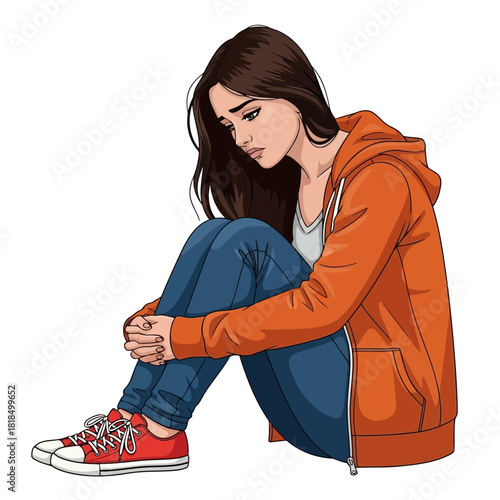 A sad young woman with long brown hair sits hugging her knees isolated on vector illustration of a depressed girl