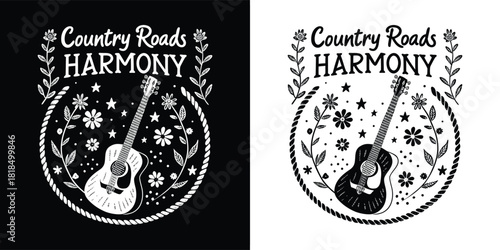 Country roads harmony text with acoustic guitar and floral elements, presented in both black and white versions