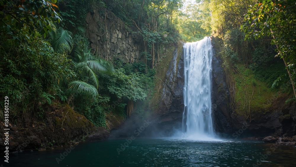 Fototapeta premium Waterfall in a rainforest setting with lush canopy, emphasizing natural landscape for environmental preservation