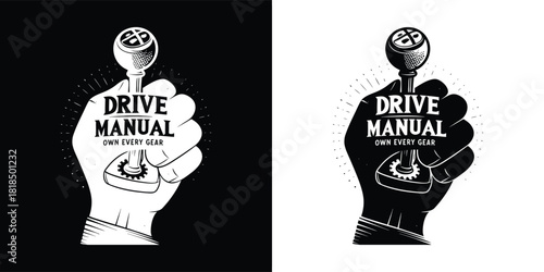 Drive manual, hand holding a car gear shift stick with typography and eye graphic