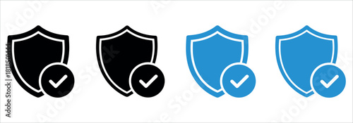 Secure verified protection icons for website authentication and safety, blue and black shield with check mark for digital security in technology.