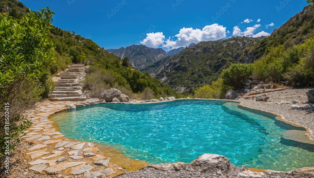 Fototapeta premium A serene blue pool surrounded by mountains, ideal for relaxation and adventure