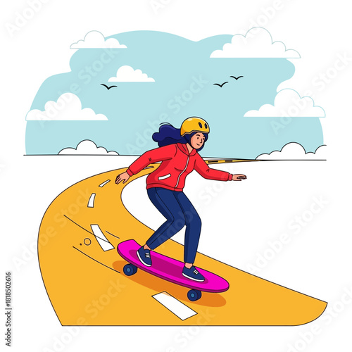 A young woman is skateboarding on a road with a helmet and jacket, enjoying the outdoors and staying active on a sunny day