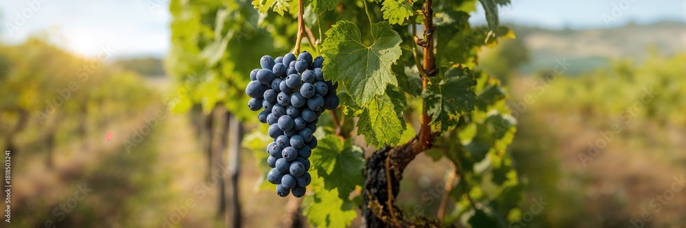 Fototapeta premium Branch of blue grapes on vine in vineyard, emphasizing seasonal harvest practices