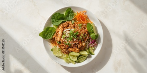 Laab gai, healthy spicy minced chicken breast salad in Isan Thai style, emphasizing low-fat ingredients for nutritious eating