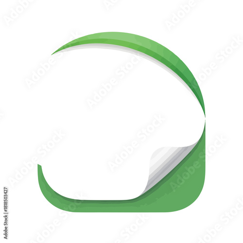 Green curved sticker with a peeled corner isolated on a simple, modern design element for various creative projects