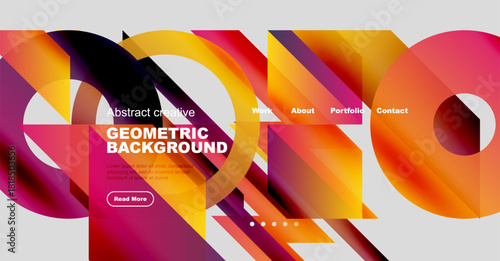 Abstract colorful design. Overlapping shapes create dynamic background. Text promotes creative work, portfolio access. Simple navigation visible.
