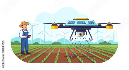Farmer uses drone technology for precision agriculture spraying crops.