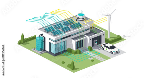 Modern sustainable house with solar panels and wind turbine generating green energy.