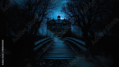 Spooky house at the end of a path in a haunted forest, Halloween background, dark atmosphere, October 31