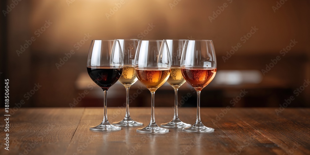 Fototapeta premium Various wines in glasses on a wooden table, emphasizing glassware safety practices