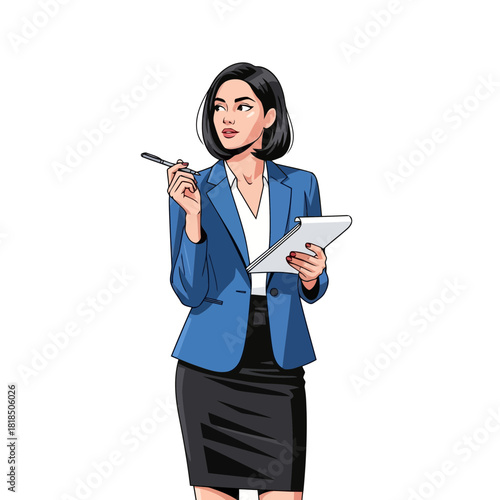 Confident businesswoman in blue blazer holding pen and clipboard isolated on, looking away thoughtfully