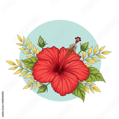 A vibrant red hibiscus flower with golden leaves and green buds isolated on, set against a soft blue circle