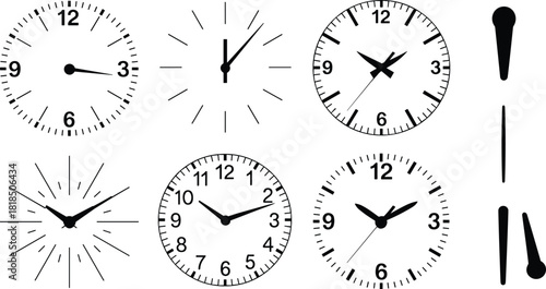 Minimal clock faces, analog timepieces, clock hands set, timekeeping illustration collection, watch dial graphics, isolated vector clocks for design