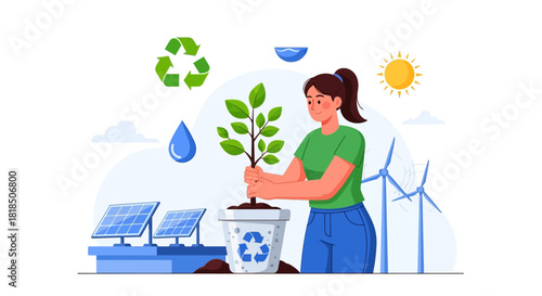 Woman planting a tree for environmental conservation and sustainability.