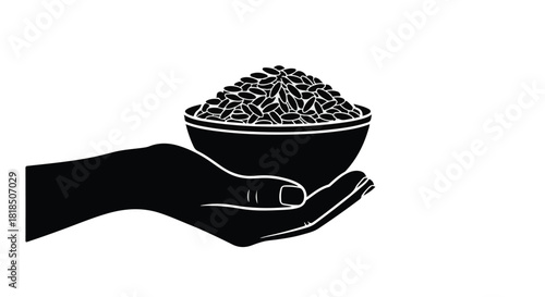 Generous hand offering a full bowl of rice, symbolizing sustenance and sharing.
