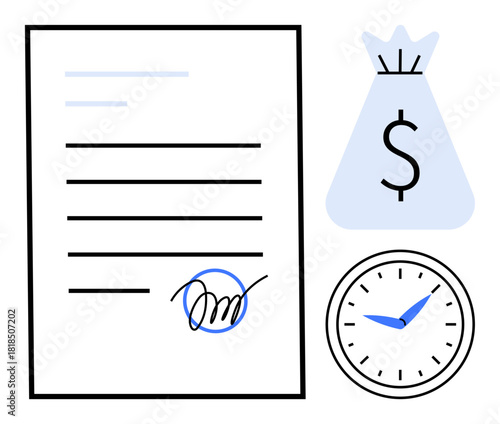 Contract with signature, money bag symbolizing financial terms, and clock illustrating time management. Ideal for business agreements, finance solutions, time tracking, project deadlines