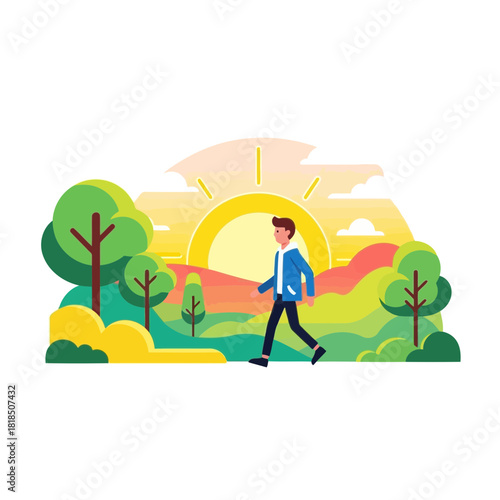 A man walking in a park at sunrise, enjoying the fresh air and the beautiful scenery isolated on
