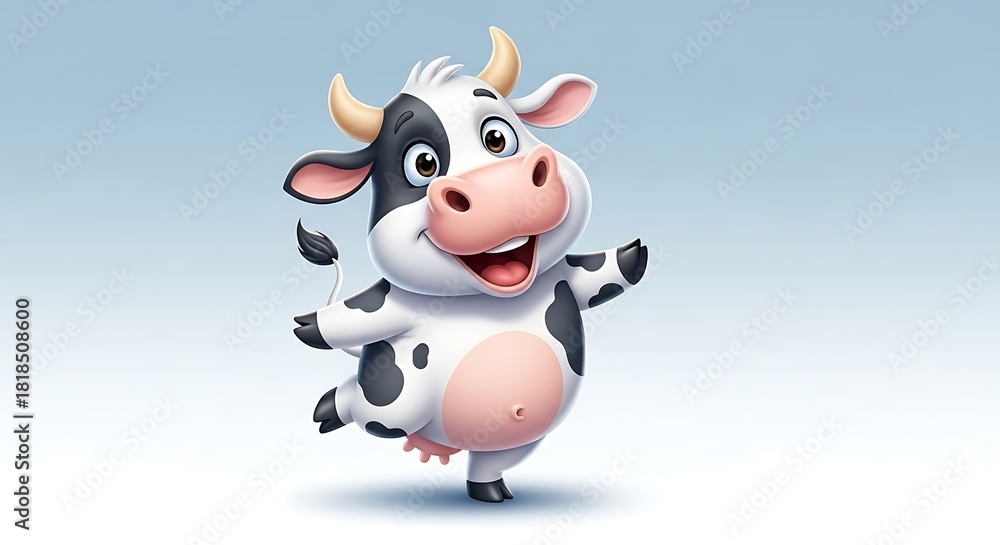 Naklejka premium A joyful black and white cartoon dairy cow dancing on one leg and smiling happily.