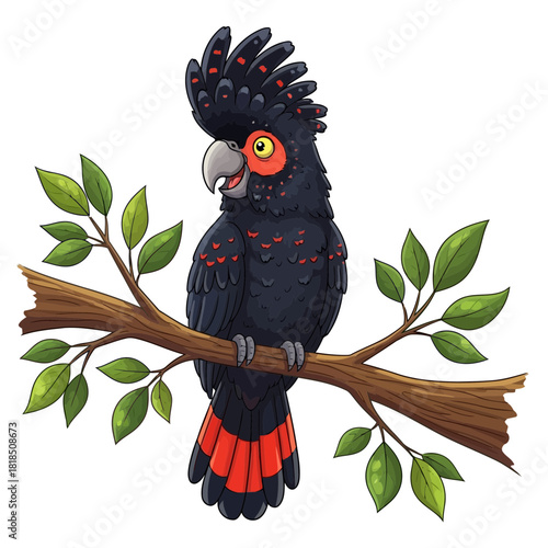 A redtailed black cockatoo perched on a branch with green leaves, a vibrant and detailed illustration on
