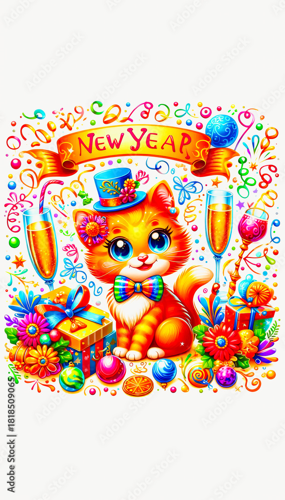 Naklejka premium Festive New Year Kitten with Top Hat, Colorful Bow Tie, and Champagne