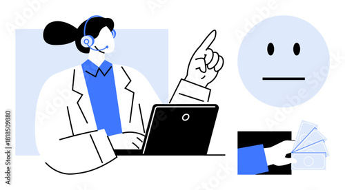 Call center agent using a laptop with a headset, addressing a query. Payment transaction and neutral feedback icon shown. Ideal for customer support, payment, feedback, service, communication