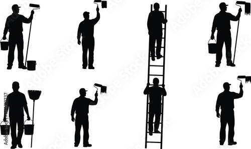 Silhouettes of painters and workers using rollers, buckets, and ladders performing painting, cleaning, and maintenance tasks in construction and home improvement.