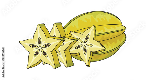 Vibrant digital illustration of star fruit, featuring star-shaped slices showcasing their unique texture and color palette