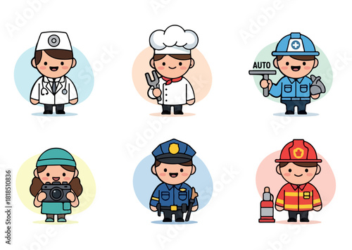 Set of Six Cute Chibi Style Vector Characters Representing Essential Occupations: Doctor, Chef, Cleaner, Photographer, Police Officer, and Firefighter, Professional Job Icons