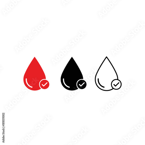 Blood drop with checkmark icons for successful donation, health check, or positive medical results, isolated on