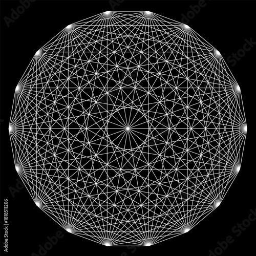 Illustration Octadécagone Couleurs Noir et Blanc Géométrie Sacrée Cercle Lumière Fréquence Vecteur