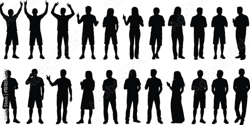 Silhouettes of people standing in various poses, men and women gesture set, casual figure collection, vector illustration for design projects